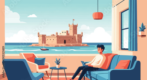 Man on laptop by couch enjoys ocean view of castle and sailboat
