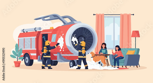 Firefighters clean a giant jet engine while two women and a dog watch from indoors