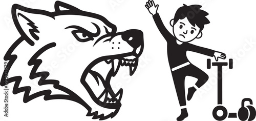 Angry wolf head roaring and scared boy with scooter vector illustration isolated on white