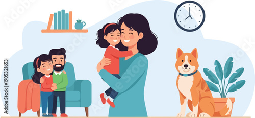 Happy family with a dog and plants in a cozy home environment