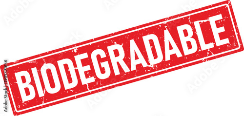 Red Distressed Rectangular Rubber Stamp with Biodegradable Text Isolated on White