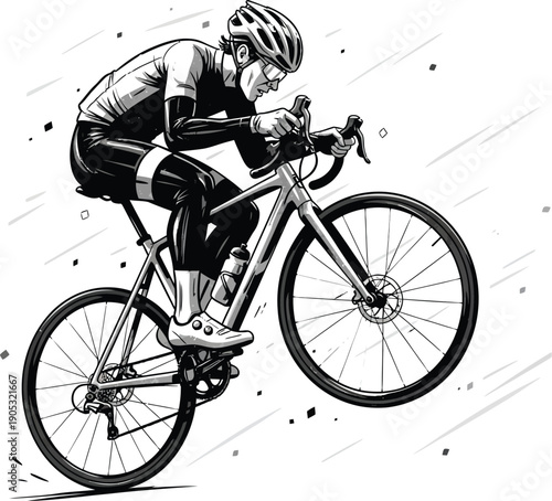 A black and white sketch of a cyclist performing a wheelie on a road bike with speed lines.