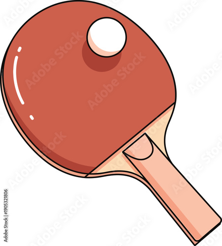 Hand drawn illustration of a red table tennis paddle with a small white ping pong ball