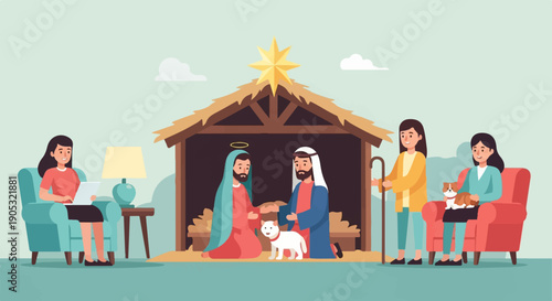 Nativity scene with modern women and pets in a living room