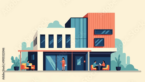 Modern commercial building with people inside and outside