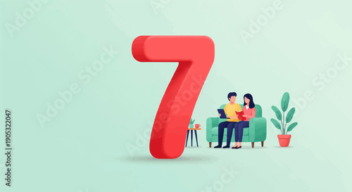 Large red 7 beside couple reading on couch with plant