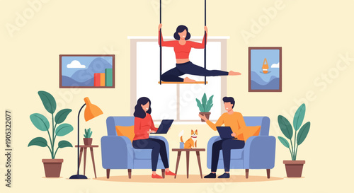 Indoor scene with people working, exercising, and a pet cat