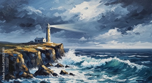 Coastal lighthouse painting guiding light at sea under dramatic skies