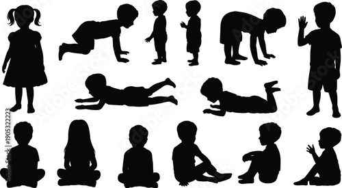 Baby and toddler silhouettes showing child development stages, crawling standing sitting walking playing, childhood growth, black vector illustration, set, collection