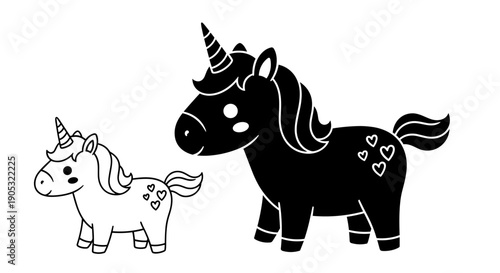 Cute Unicorn Silhouette and Outline Illustration.