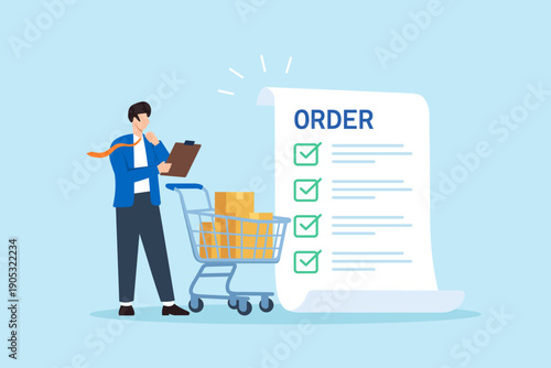 Flat illustration of businessman reviewing completed order checklist beside shopping cart for order fulfillment performance analysis