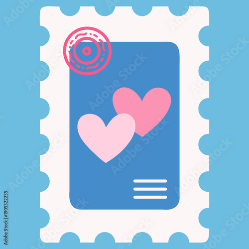 Flat Vector Valentine Postage Stamp Two Hearts