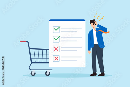 Flat illustration of businessman facing incomplete checklist beside shopping cart indicating order fulfillment bottleneck issue