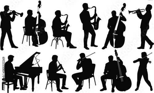 Jazz musicians silhouettes playing instruments, saxophone trumpet piano violin bass, orchestra band performance, music concert, black vector illustration, art, set