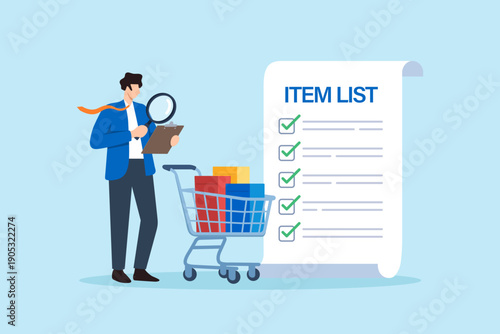Flat illustration of businessman inspecting item list beside shopping cart during inventory verification and order accuracy check