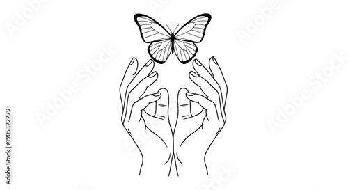 Delicate Butterfly Resting on Open Hands Illustration.