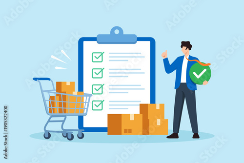 Flat illustration of businessman confirming order readiness using completed checklist beside shopping cart for fulfillment decision making