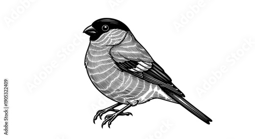 Detailed Black and White Illustration of a Bullfinch Bird.