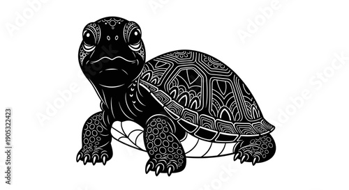 Detailed Black and White Illustration of a Cute Turtle.