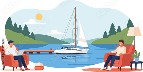 Men relaxing at home near water with boat