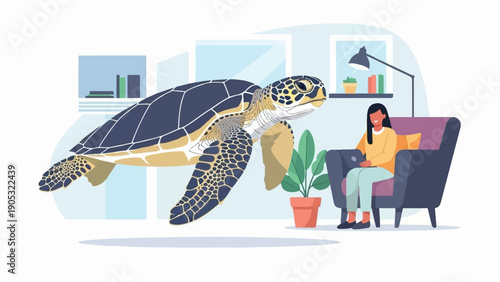 Large sea turtle floats near a woman relaxing in a chair indoors