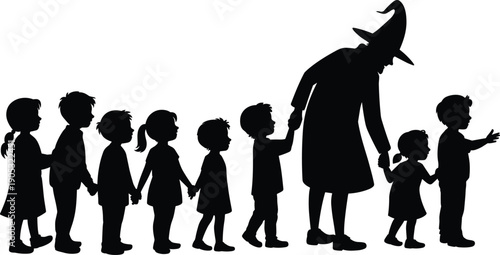 Children walking in line silhouette with elderly woman, education guidance concept, care, leadership, learning, childhood, trust, black illustration