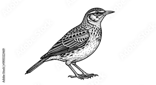 Detailed Black and White Illustration of a Lark Bird.
