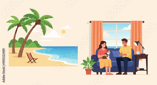Peaceful beach scene contrasts with cozy indoor couple working with pet