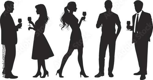 Elegant party people silhouettes, men and women holding wine glasses, social event, celebration, nightlife, business gathering, black vector illustration