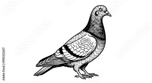 Detailed Black and White Illustration of a Pigeon Standing Still.