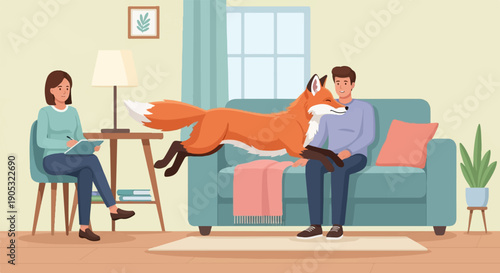 Man petting fox on couch as woman takes notes
