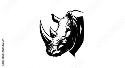 Detailed Black and White Illustration of a Rhinoceros Head.