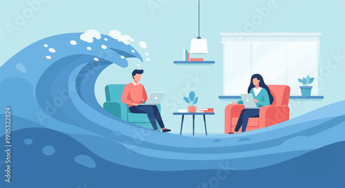 Large wave engulfs home as people work on laptops indoors