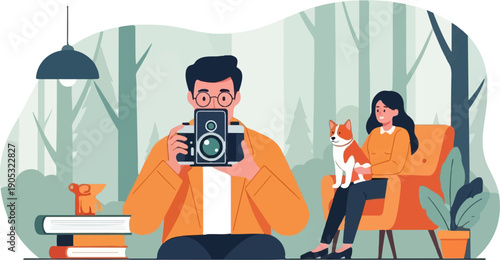 Man photographs woman and dog in a forest home setting