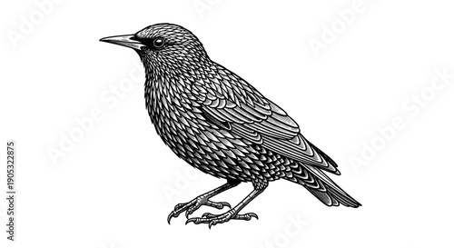 Detailed Black and White Illustration of a Starling Bird.