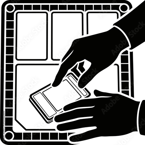 Hands holding and interacting with a smartphone device illustration