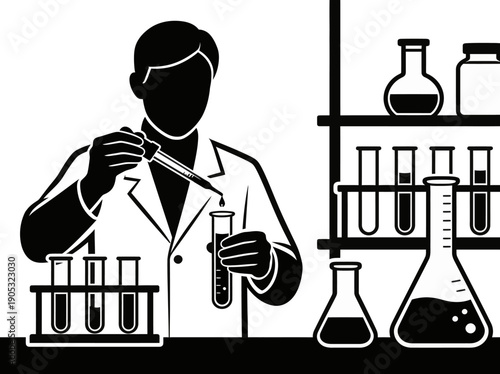 Scientist analyzing laboratory samples with various equipment in a research setting illustration
