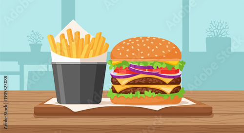 Large stacked burger and french fries served on a wooden table