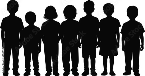 Children silhouettes group standing together, boys and girls diversity, childhood friendship concept, kids figures illustration, isolated white background vector