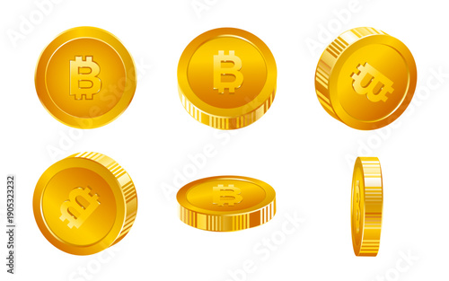 Bitcoin crypto currency coin Set. 3D Golden Bitcoin coins in Different Angles. Digital transaction and electronic finance on isolated white background. Finance concept. Bitcoin,