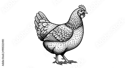 Detailed Engraving of a Hen Standing Proudly.