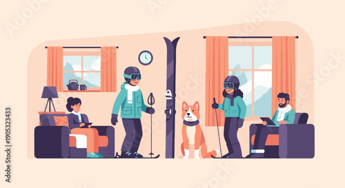 Indoor winter scene with skiers, dog, and people relaxing by window