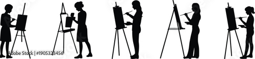 Female artist silhouettes painting on easel, creative work poses, woman painter figures, art studio concept, isolated black vector illustration
