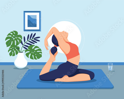 Flat vector illustration of woman practicing advanced yoga backbend pose at home on mat with plant decor for flexibility training, mindfulness, wellness therapy, and healthy lifestyle concept