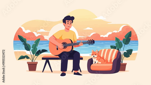 Man plays guitar by the sea with a dog on a couch, surrounded by plants