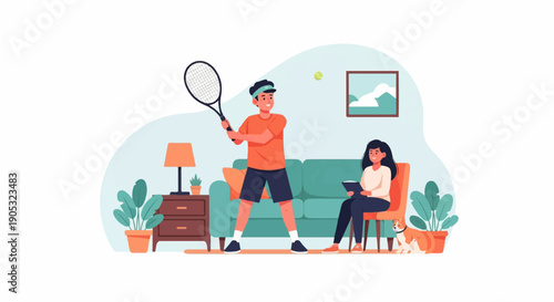 Man plays tennis indoors while woman reads with dog nearby
