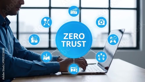 Man working on laptop with zero trust concept in modern office