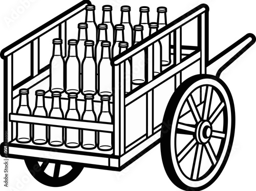 Illustration of a cart loaded with stacked bottles on a wooden cart with large wheels viewed from the side