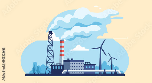 Industrial complex with smokestack and wind turbines generating power