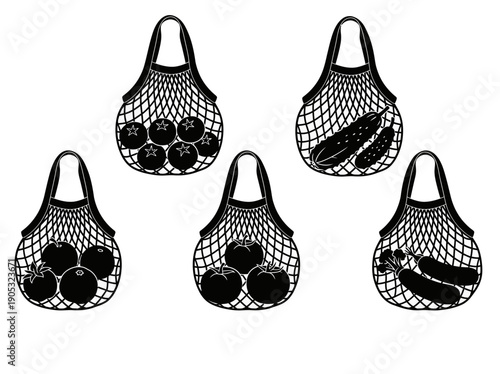 Vector illustration of mesh bags containing various fruits in a clean and modern style
